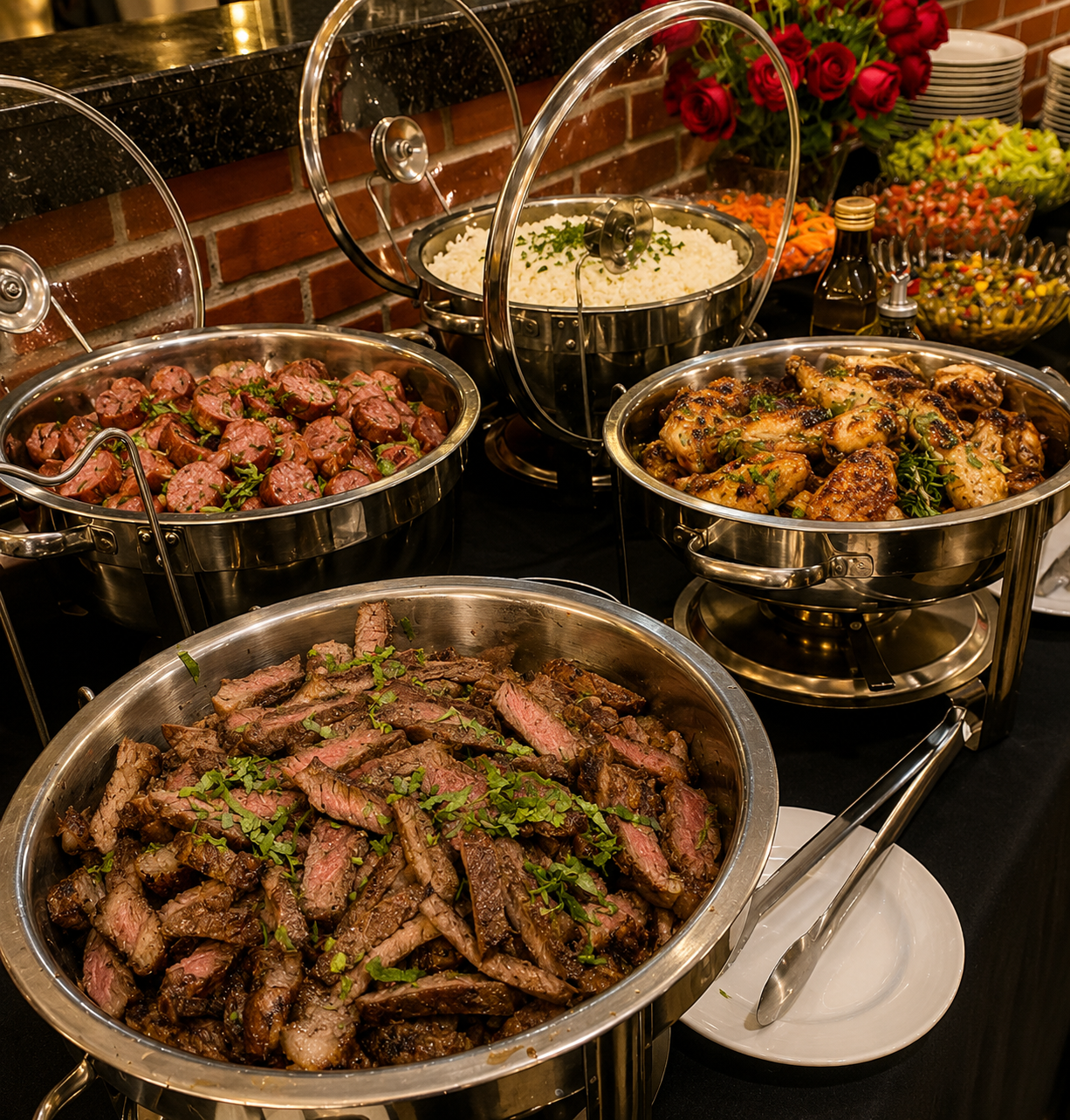 Réchauds com picanha fatiada, linguiça e frango