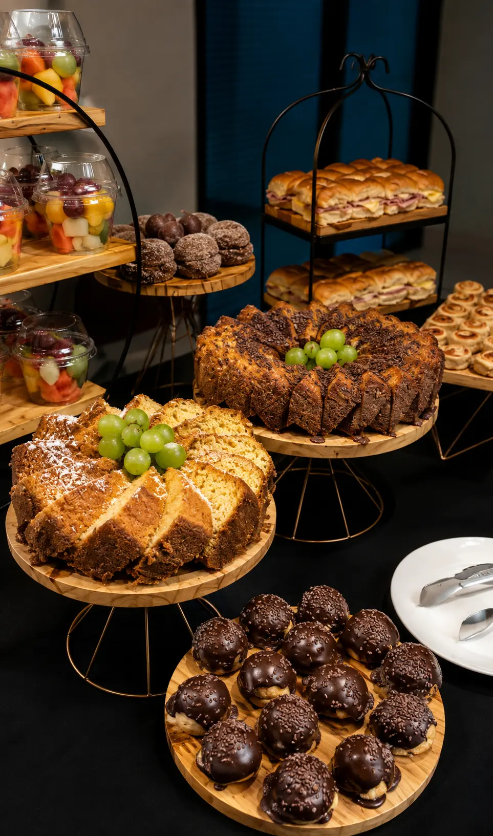 Mesa de doces com bolos fatiados e uvas