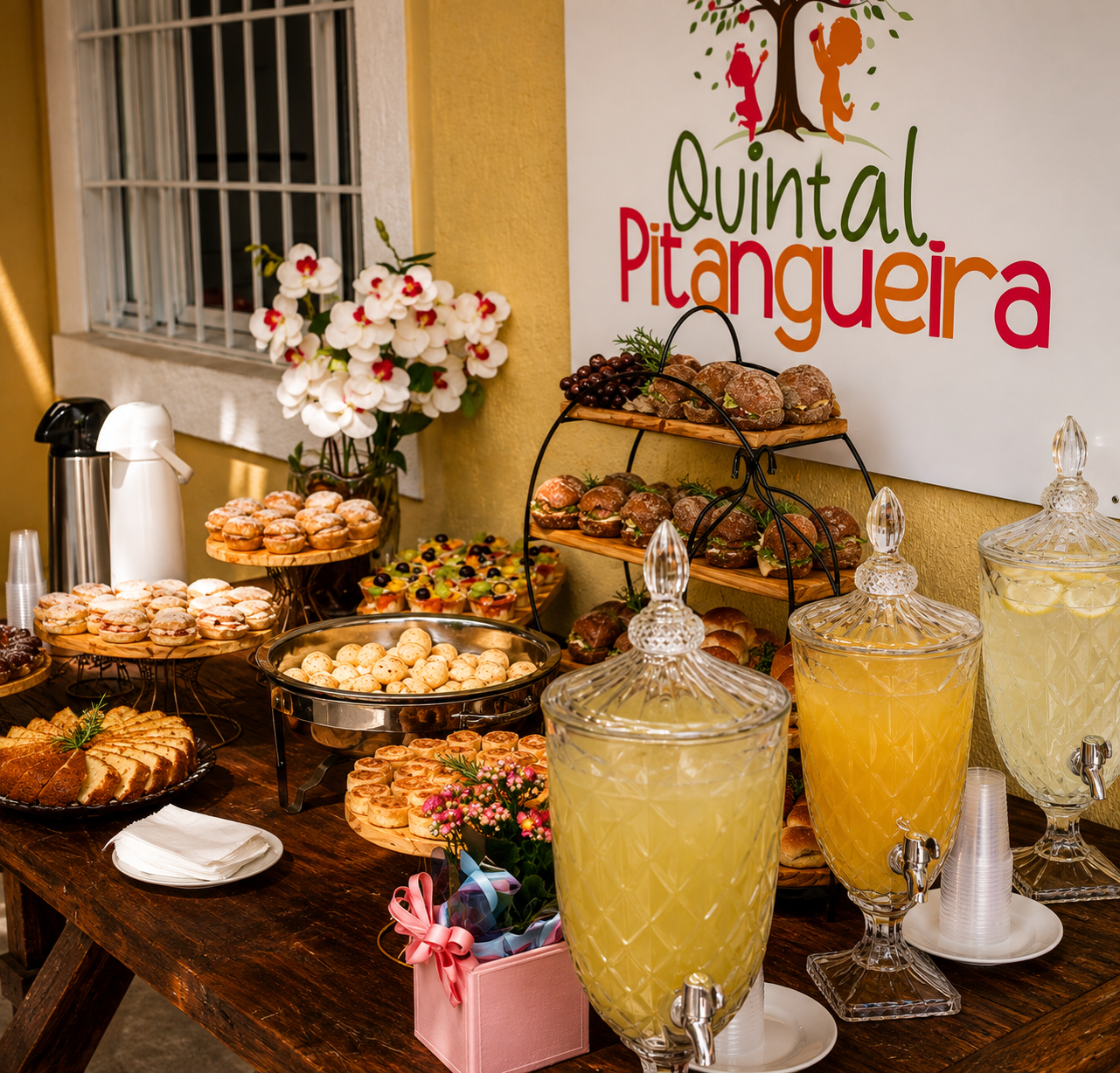 Mesa de café com salgados, bolos e sucos naturais